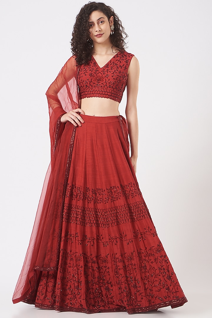 Red Aari Embroidered Lehenga Set by Vaarha