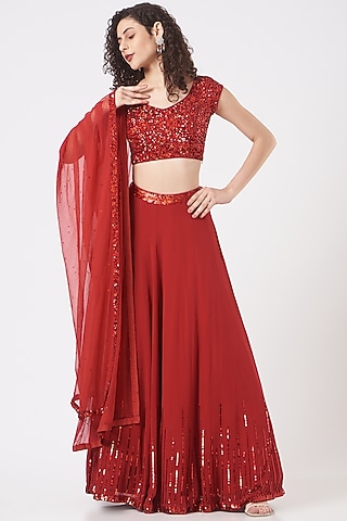 Red Georgette Aari Embroidered Lehenga Set by Vaarha