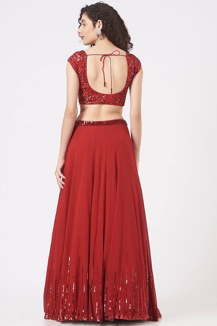 Red Georgette Aari Embroidered Wedding Lehenga Set by Vaarha at Pernia's Pop Up Shop