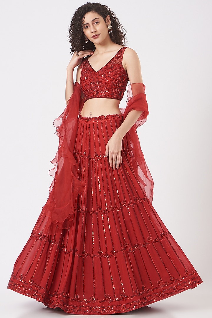 Red Viscose Sequins Embroidered Lehenga Set by Vaarha