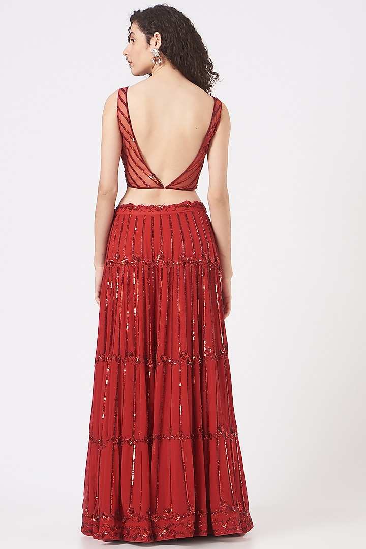 Red Viscose Sequins Embroidered Wedding Lehenga Set by Vaarha at Pernia's Pop Up Shop