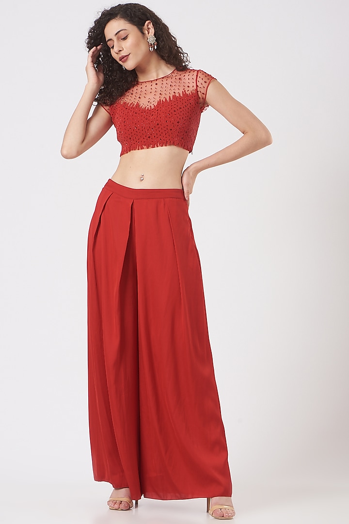 Red Viscose Georgette Pant Set by Vaarha at Pernia's Pop Up Shop