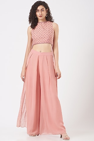 Blush Pink Viscose Georgette Pant Set by Vaarha
