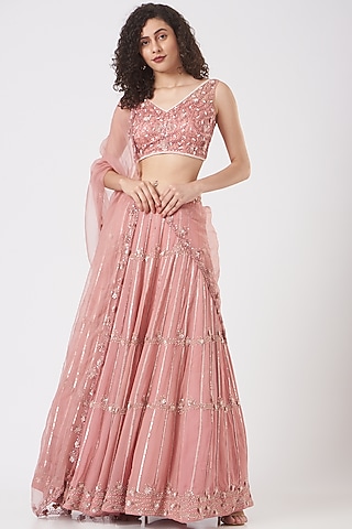 Blush Pink Embroidered Lehenga Set by Vaarha