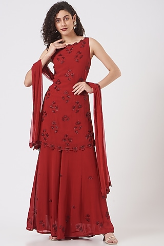 Red Viscose Georgette Sharara Set by Vaarha