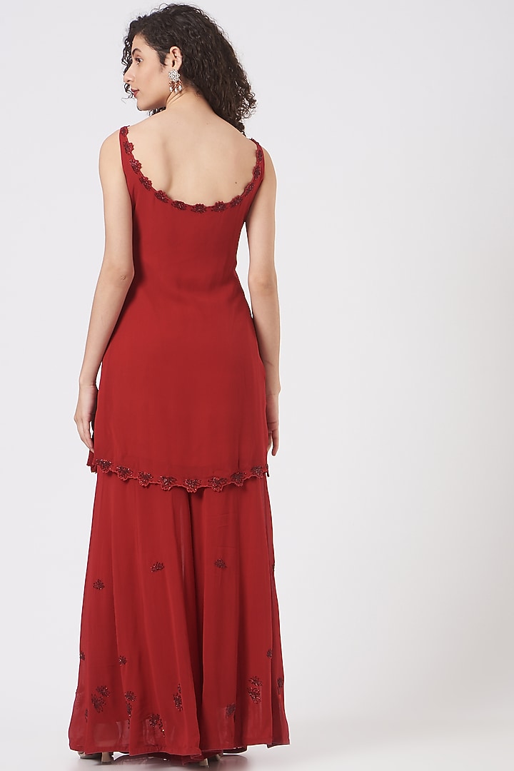 Red Viscose Georgette Wedding Sharara Set by Vaarha at Pernia's Pop Up Shop