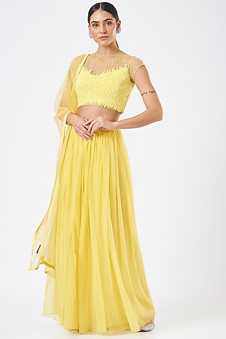 Yellow Viscose Georgette Lehenga Set by Vaarha