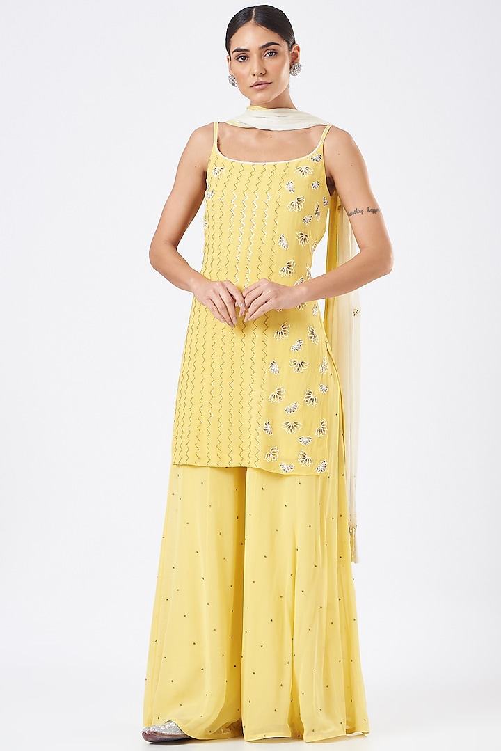 Yellow Sequins Embroidered Sharara Set by Vaarha