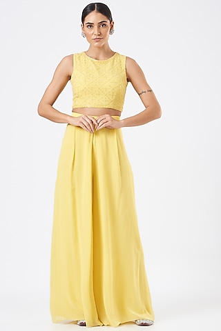 Yellow Viscose Georgette Palazzo Pant Set by Vaarha