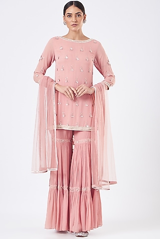 Old Rose Embroidered Sharara Set by Vaarha