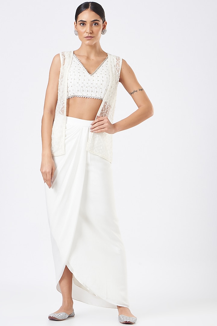 White Viscose Georgette Skirt Set by Vaarha
