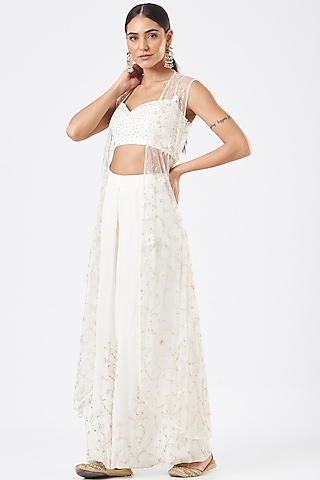 White Embroidered Sharara Set by Vaarha