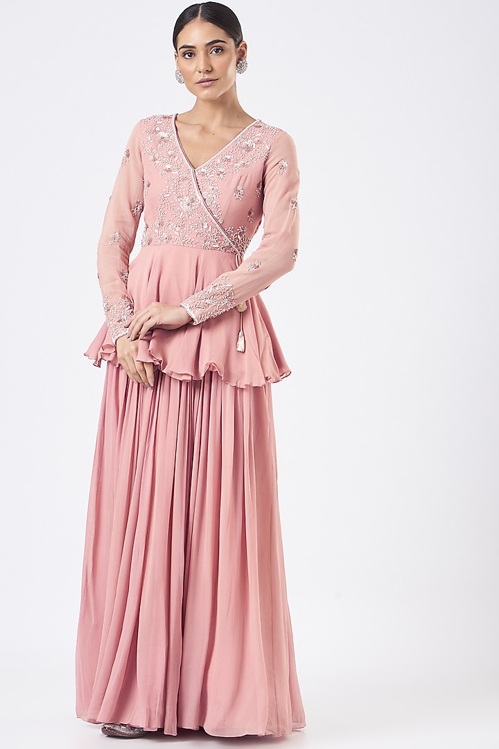 Dusty Rose Viscose Georgette Sharara Set by Vaarha at Pernia's Pop Up Shop