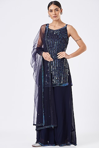 Blue Flared Sharara Set by Vaarha