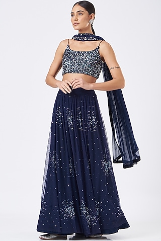 Blue Embroidered Lehenga Set by Vaarha