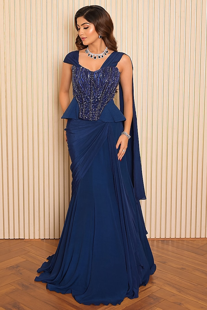 Blue Crepe Mermaid Draped  dulhan bday 22 may Lehenga Set by Vridhi Somaani at Pernia's Pop Up Shop