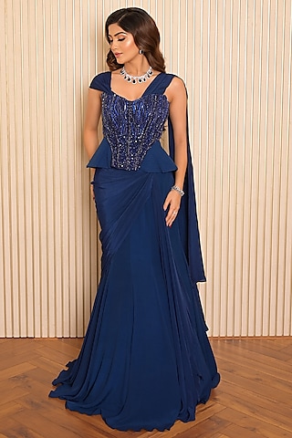 Blue Crepe Mermaid Draped Lehenga Set by Vridhi Somaani