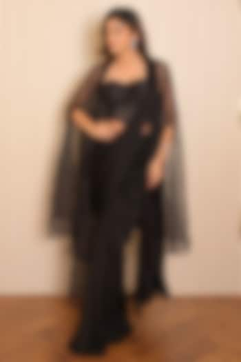 Black Bemberg Satin Hand Embroidered Draped Saree Set by Vridhi Somaani at Pernia's Pop Up Shop