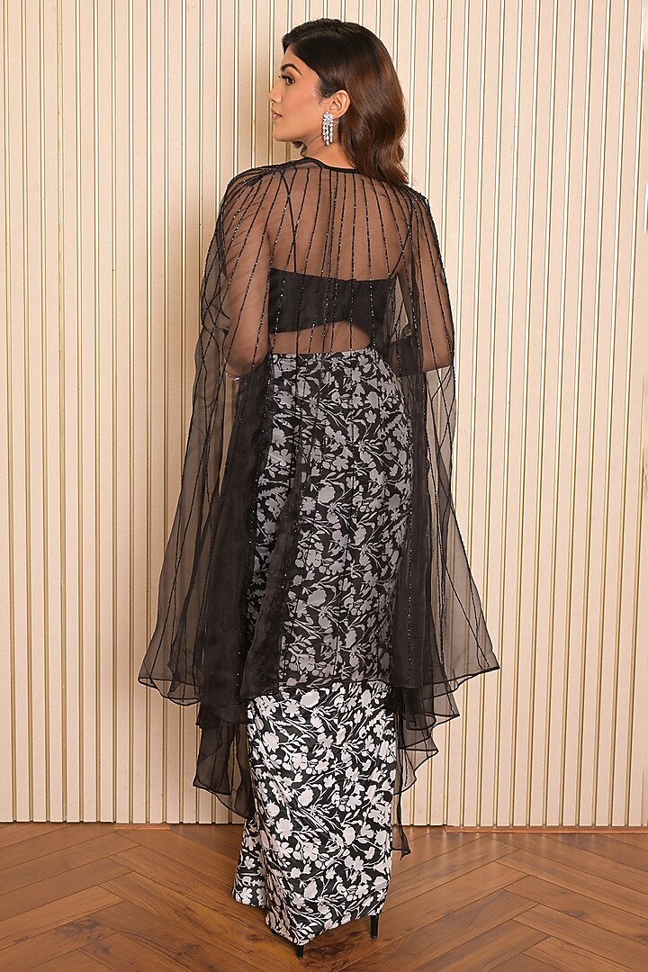 Black Crepe Printed Draped Skirt Set by Vridhi Somaani at Pernia's Pop Up Shop
