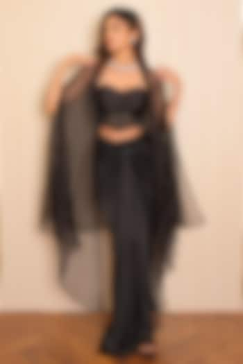 Black Satin Georgette Draped Skirt Set by Vridhi Somaani at Pernia's Pop Up Shop