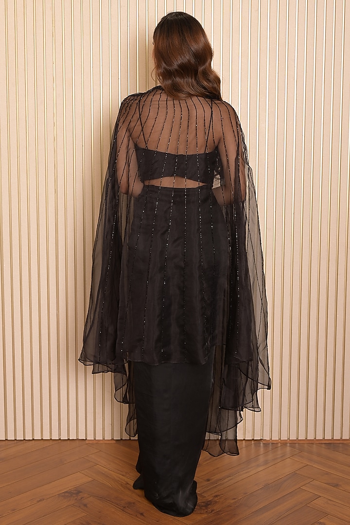 Black Satin Georgette Draped Skirt Set by Vridhi Somaani at Pernia's Pop Up Shop