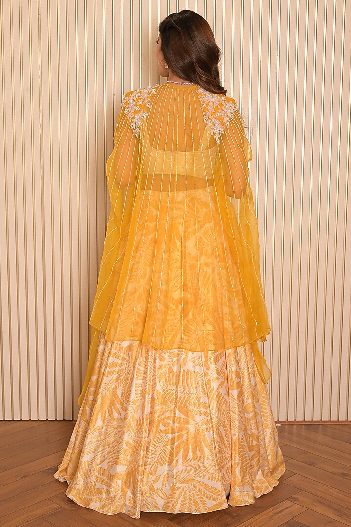 Yellow Silk Crepe Printed Jacket Wedding Lehenga Set by Vridhi Somaani at Pernia's Pop Up Shop