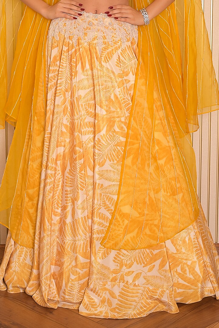 Yellow Silk Crepe Printed Jacket Wedding Lehenga Set by Vridhi Somaani at Pernia's Pop Up Shop