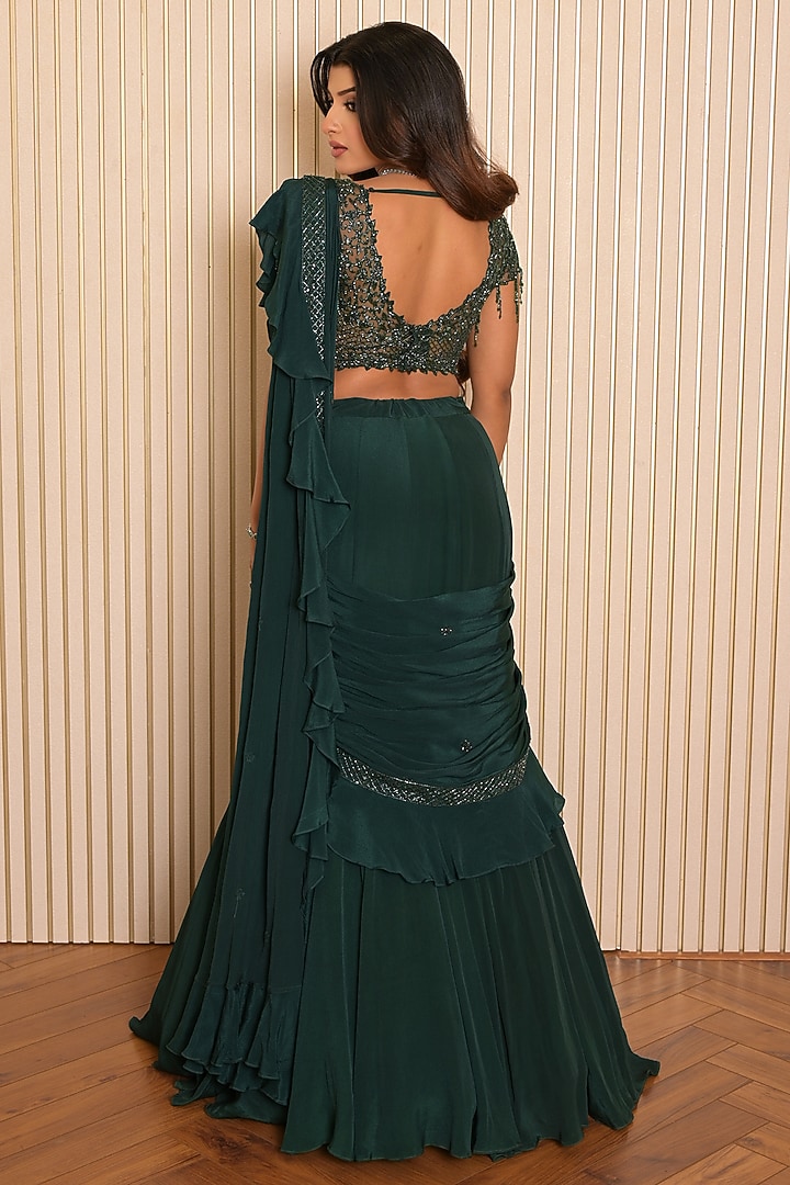 Dark Green Crepe Mermaid Draped Wedding Lehenga Set by Vridhi Somaani at Pernia's Pop Up Shop