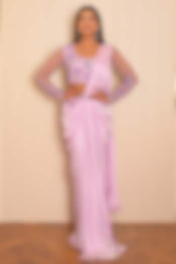 Lilac Satin Georgette Draped Saree Set by Vridhi Somaani at Pernia's Pop Up Shop