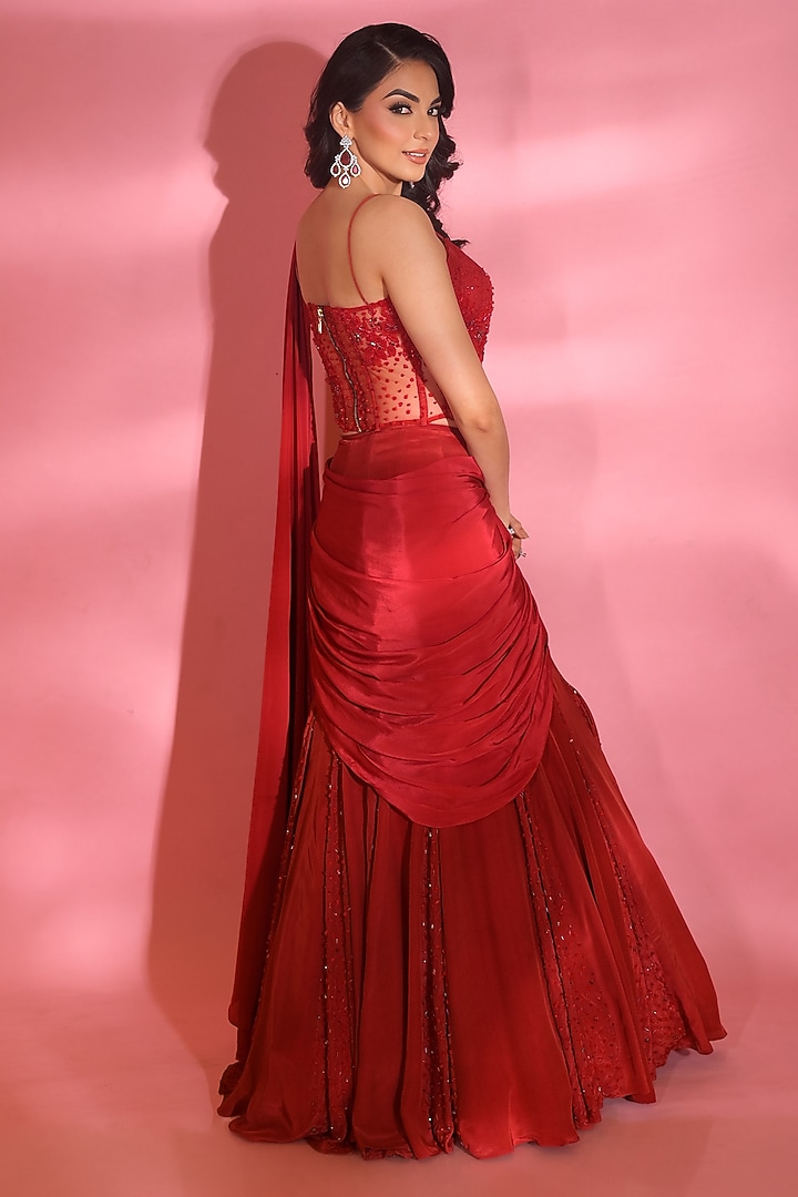 Red Crepe Cutdana Embroidered Draped Wedding Saree Set by Vridhi Somaani at Pernia's Pop Up Shop