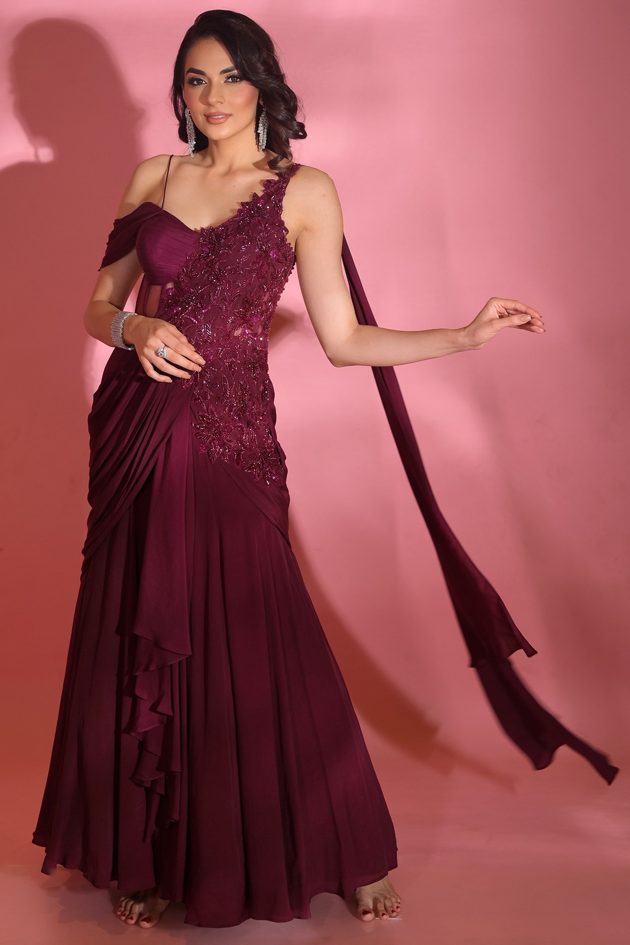 Wine Tissue Saree With Cutdana And Sequin Embroidery