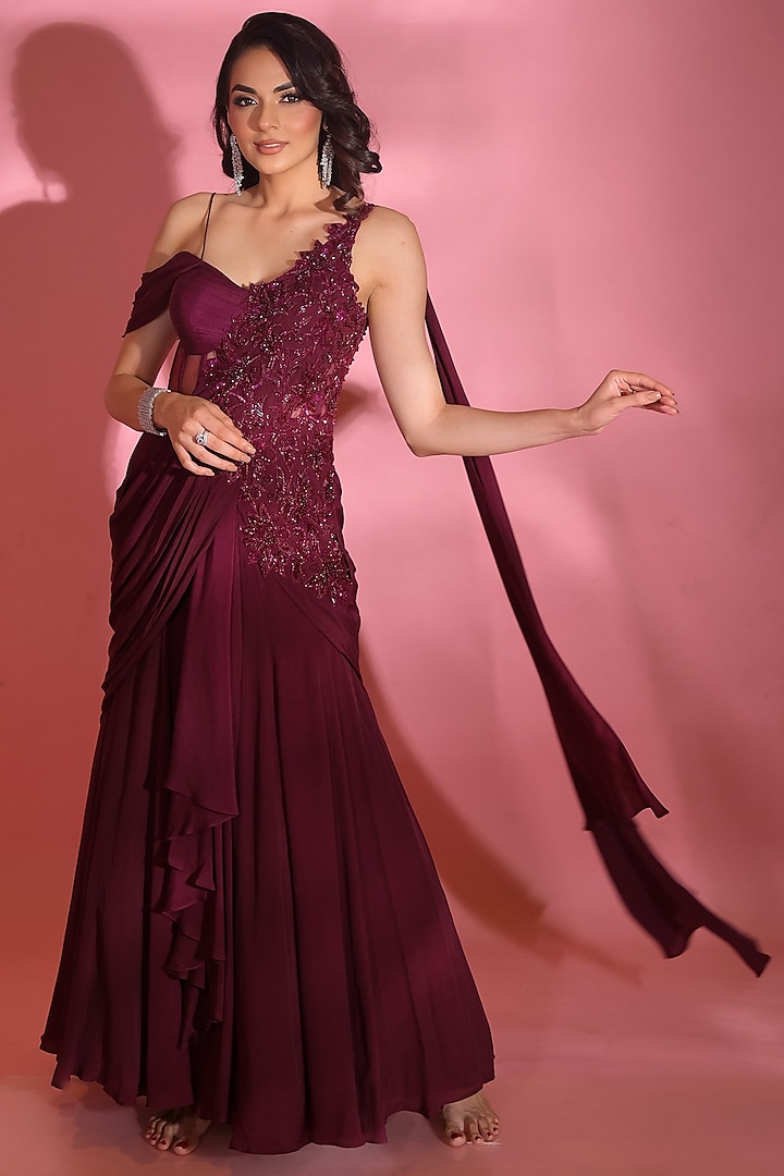 Wine Crepe Cutdana & Sequins Embroidered Gown Saree by Vridhi Somaani at Pernia's Pop Up Shop