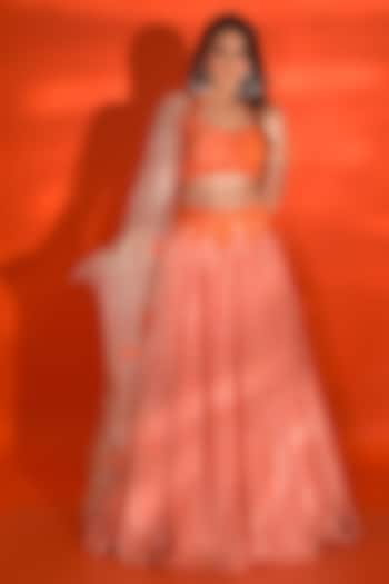 Orange Crepe Printed Wedding Lehenga Set by Vridhi Somaani at Pernia's Pop Up Shop