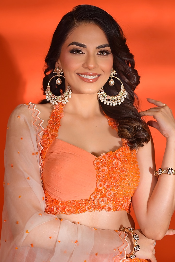 Orange Crepe Printed Wedding Lehenga Set by Vridhi Somaani at Pernia's Pop Up Shop