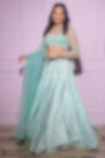 Sea Green Crepe Printed Wedding Lehenga Set by Vridhi Somaani at Pernia's Pop Up Shop