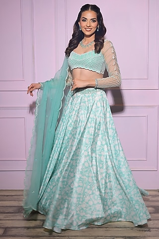 Sea Green Crepe Printed Lehenga Set by Vridhi Somaani