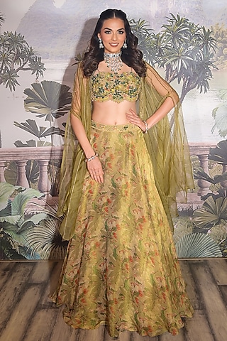 Olive Green Tissue Printed & Embroidered Jacket Lehenga Set by Vridhi Somaani