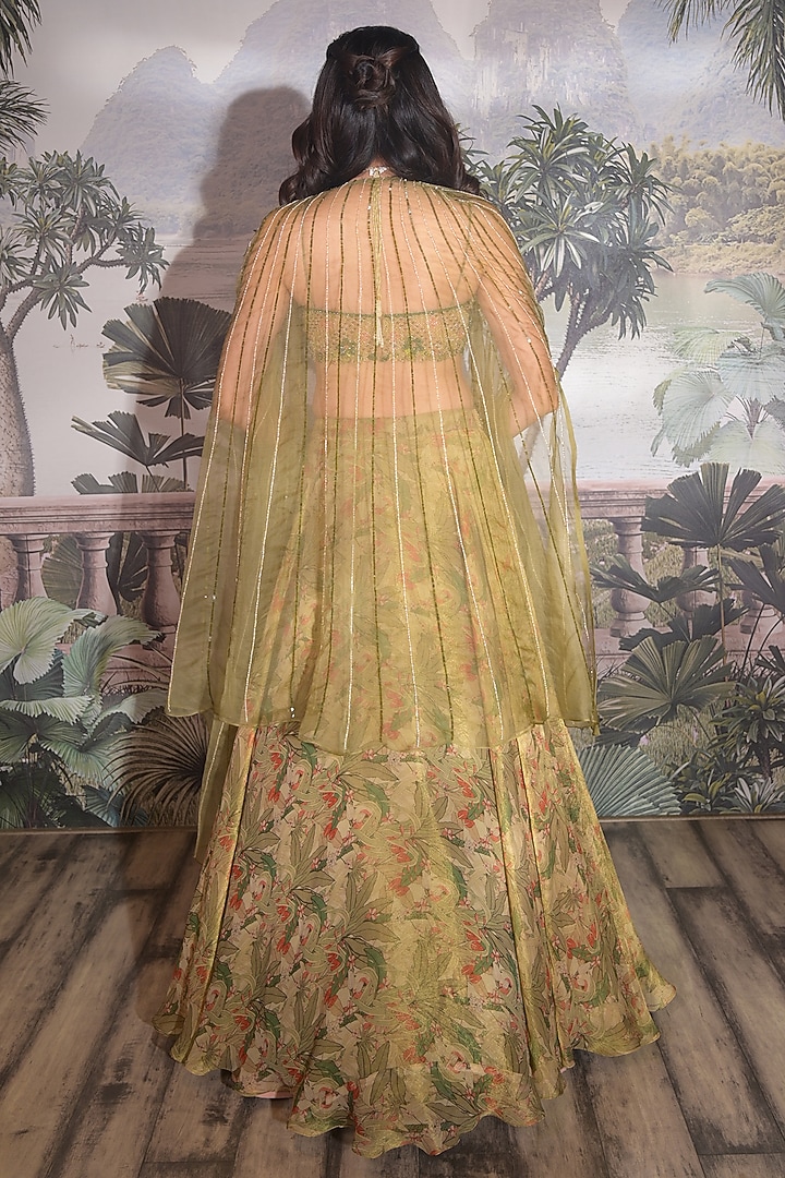 Olive Green Tissue Printed & Embroidered Jacket Wedding Lehenga Set by Vridhi Somaani at Pernia's Pop Up Shop