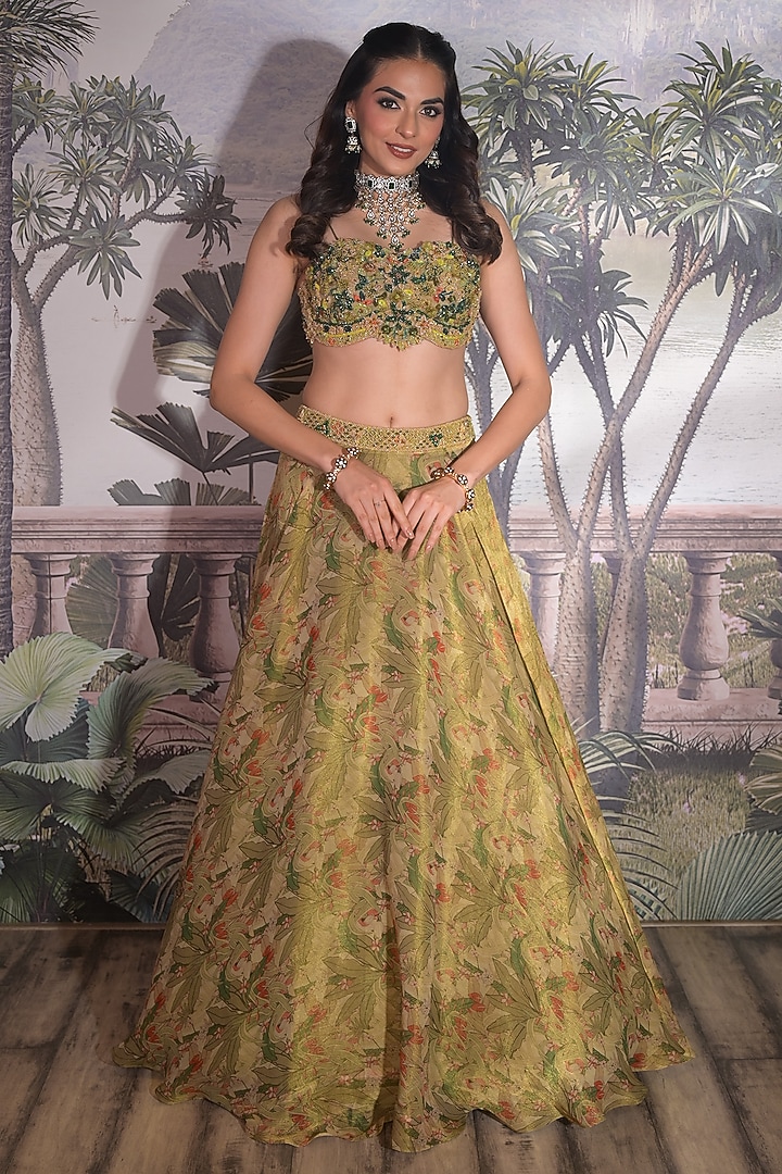 Olive Green Tissue Printed & Embroidered Jacket Wedding Lehenga Set by Vridhi Somaani at Pernia's Pop Up Shop