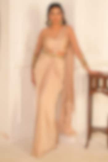 Gold Satin Georgette Draped Saree Set by Vridhi Somaani