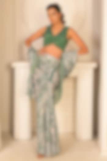 Olive Green Silk Crepe Printed Draped Skirt Set by Vridhi Somaani