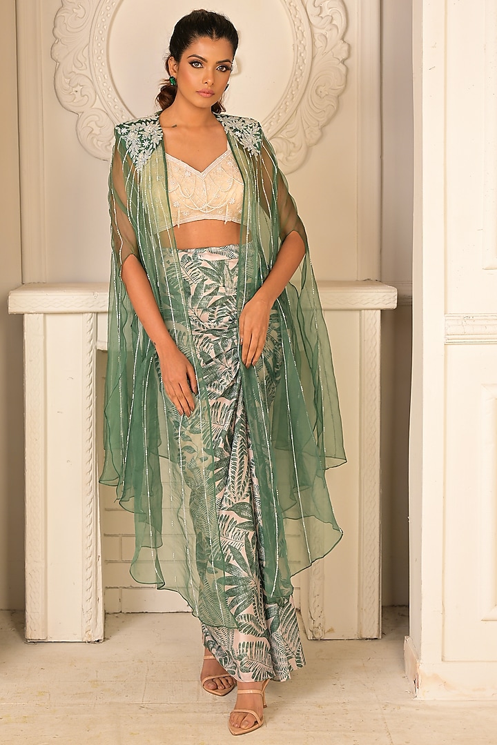 Green Silk Crepe Printed Draped Skirt Set by Vridhi Somaani
