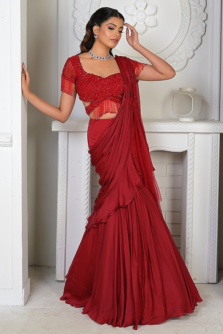 Scarlet Red Satin Georgette & Net Embroidered Draped Saree Set by Vridhi Somaani