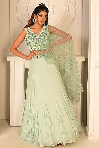 Sage Green Flat Chiffon Ruffled Lehenga Set by Vridhi Somaani