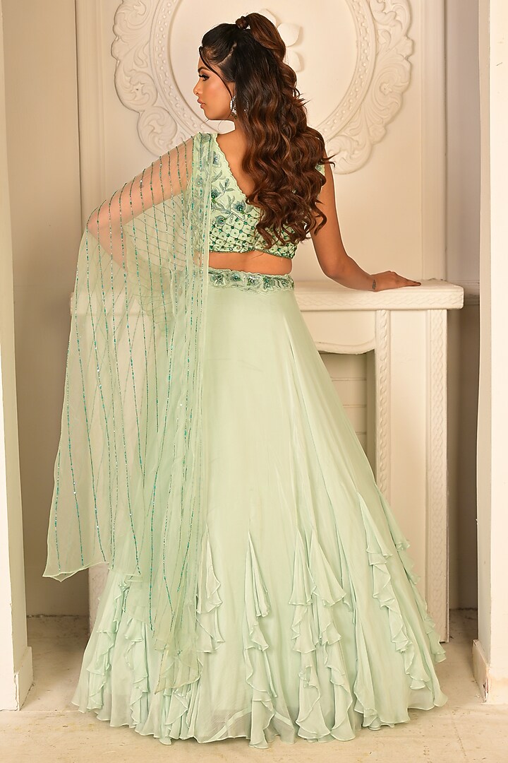 Sage Green Flat Chiffon Ruffled Wedding Lehenga Set by Vridhi Somaani at Pernia's Pop Up Shop