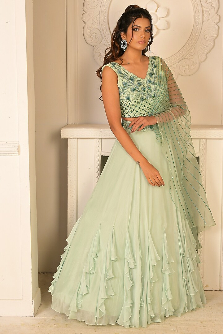 Sage Green Flat Chiffon Ruffled Wedding Lehenga Set by Vridhi Somaani at Pernia's Pop Up Shop