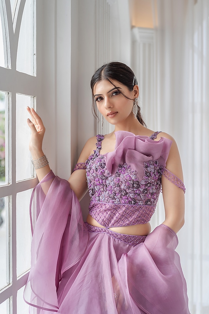 Onion Pink Organza Cutdana Embroidered Engagement Gown by Vridhi Somaani at Pernia's Pop Up Shop