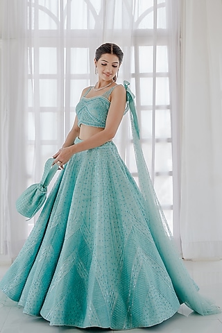 Blue Raw Silk Quilted Lehenga Set by Vridhi Somaani