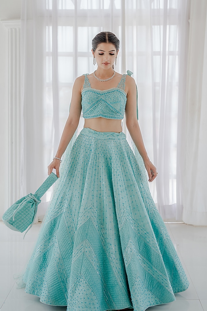Blue Raw Silk Quilted Wedding Lehenga Set by Vridhi Somaani at Pernia's Pop Up Shop