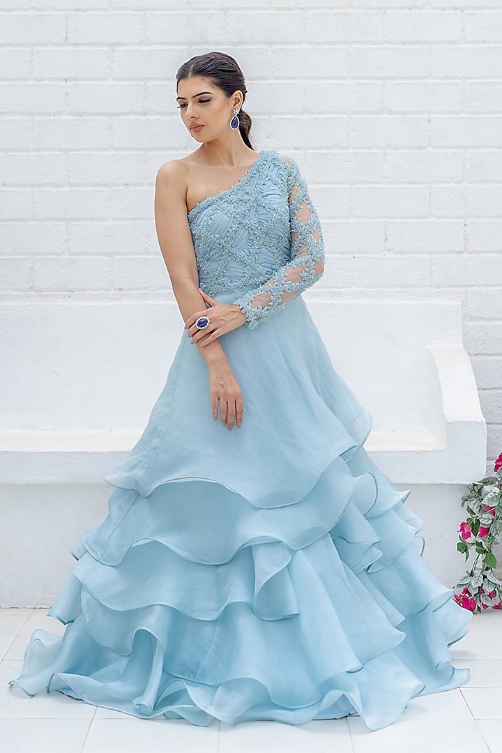 Ice Blue Satin Organza Crystal Embroidered One Shoulder Gown by Vridhi Somaani